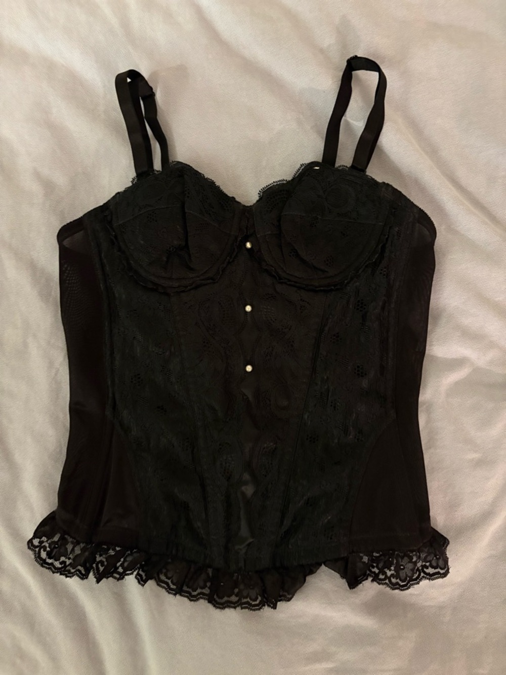 Wacoal Black Lace Longline Bustier with Pearl Buttons